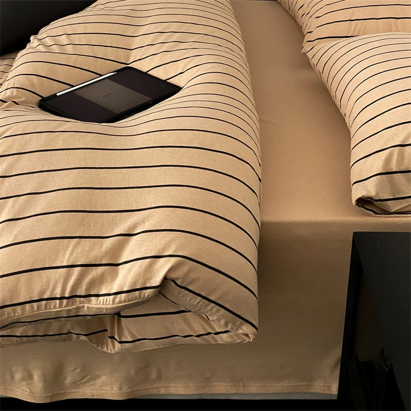 Duvet Cover Set Cotton Percale Pinstripe Concealed Zipper