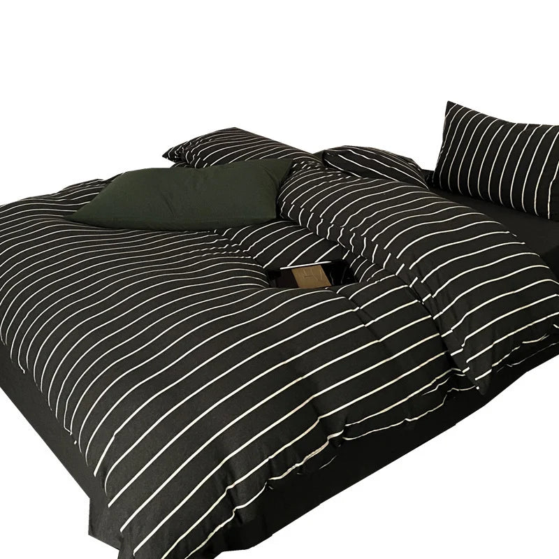 Duvet Cover Set Cotton Percale Pinstripe Concealed Zipper