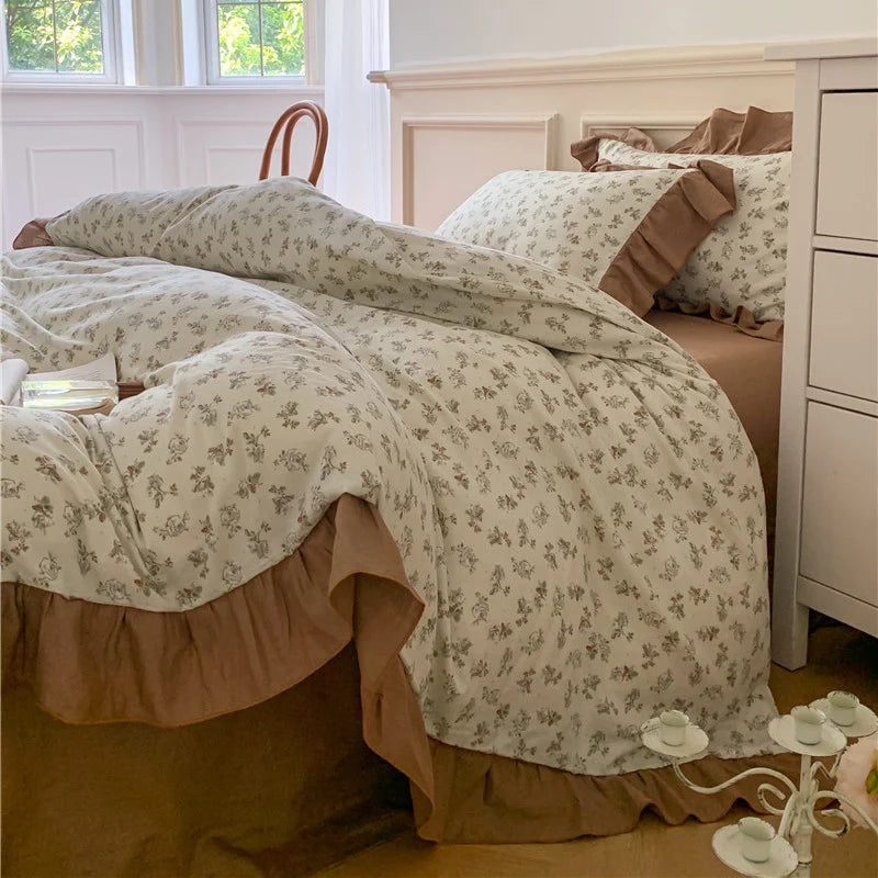 Duvet Cover Set Cotton Percale Reversible Floral Ruffle