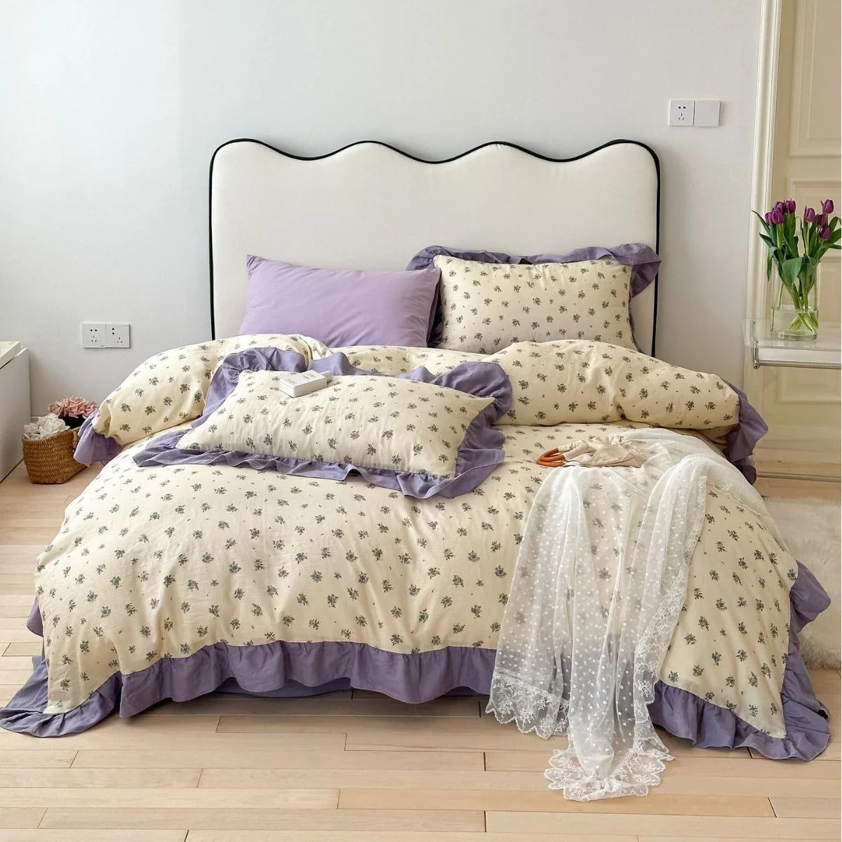 Duvet Cover Set Cotton Percale Reversible Floral Ruffle