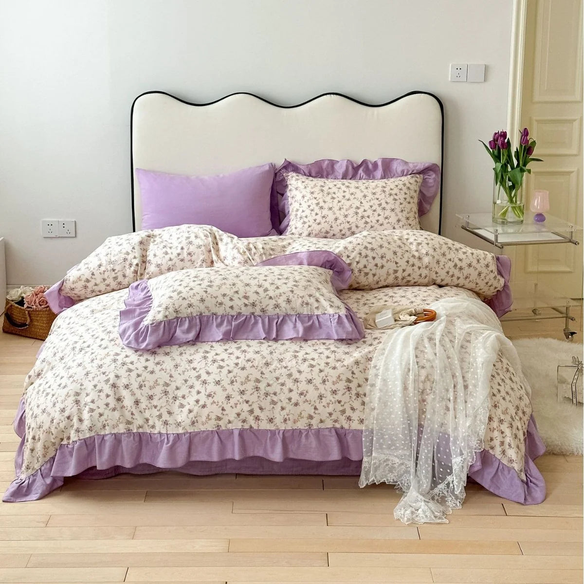 Duvet Cover Set Cotton Percale Reversible Floral Ruffle