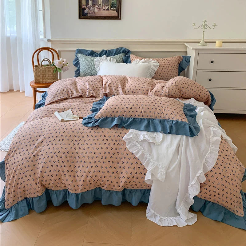 Duvet Cover Set Cotton Percale Reversible Floral Ruffle