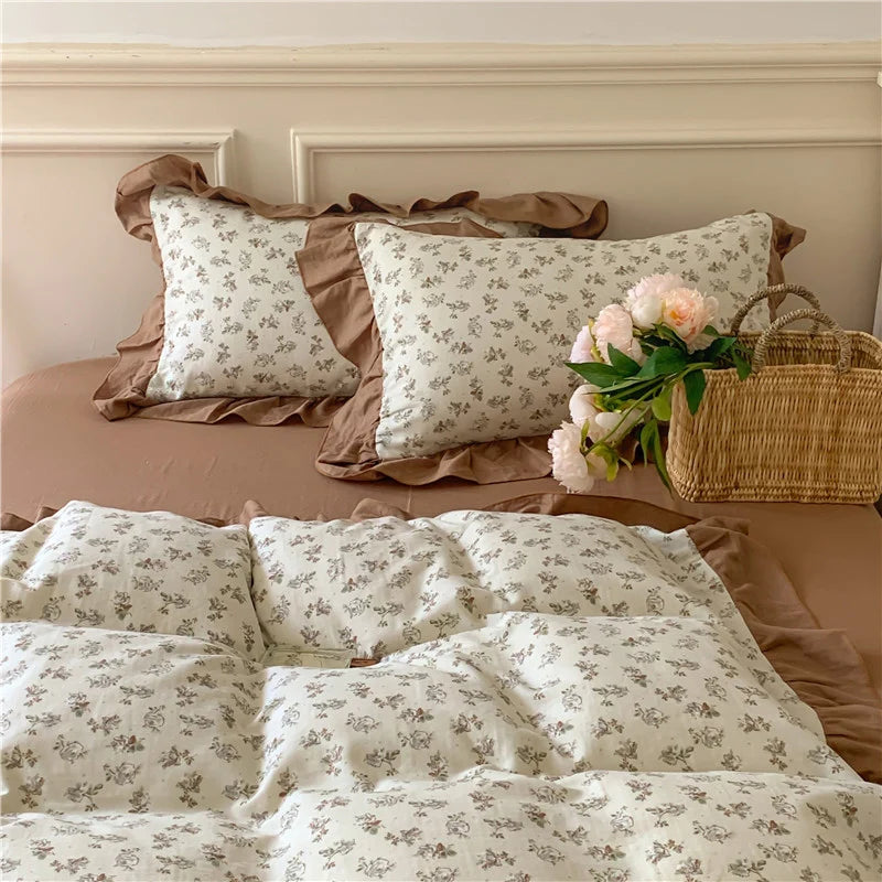 Duvet Cover Set Cotton Percale Reversible Floral Ruffle
