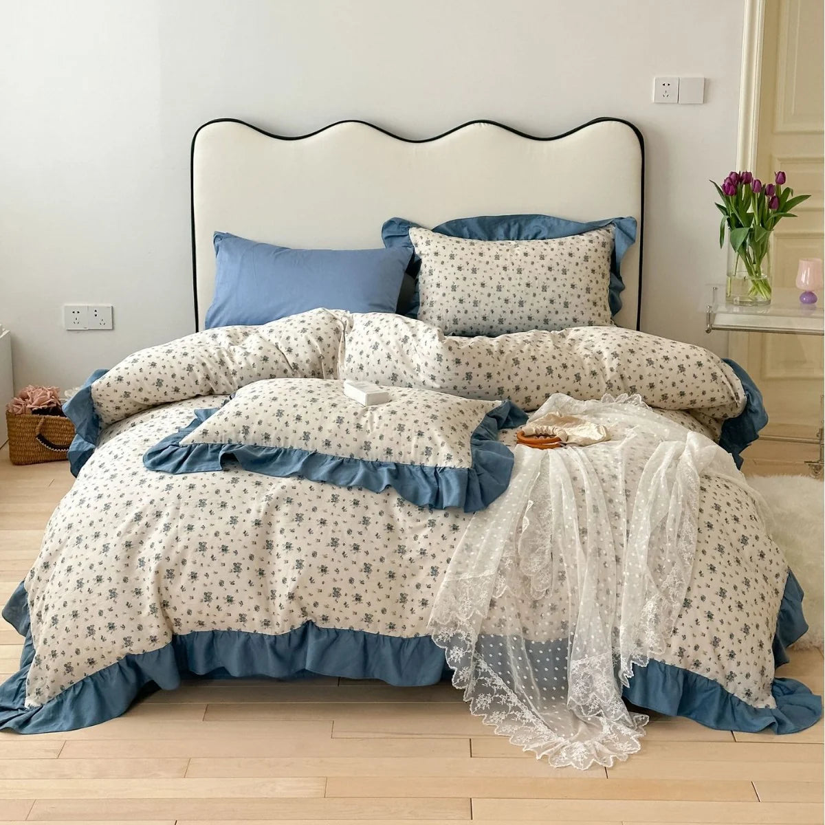 Duvet Cover Set Cotton Percale Reversible Floral Ruffle