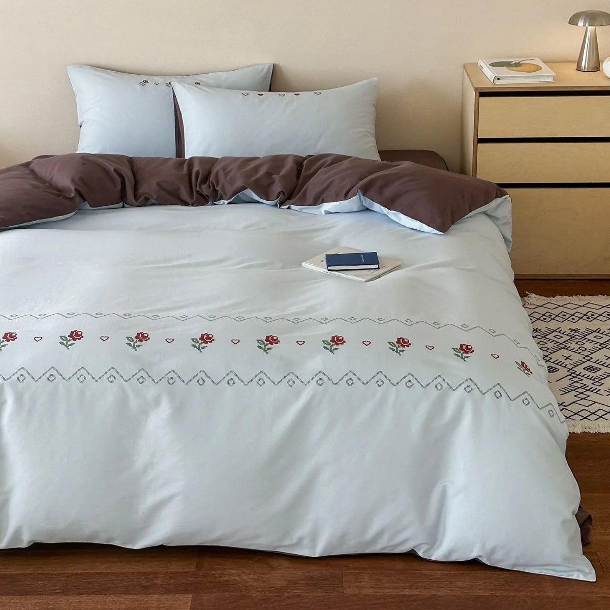 Duvet Cover Set Cotton Percale Reversible Rose Embroidery