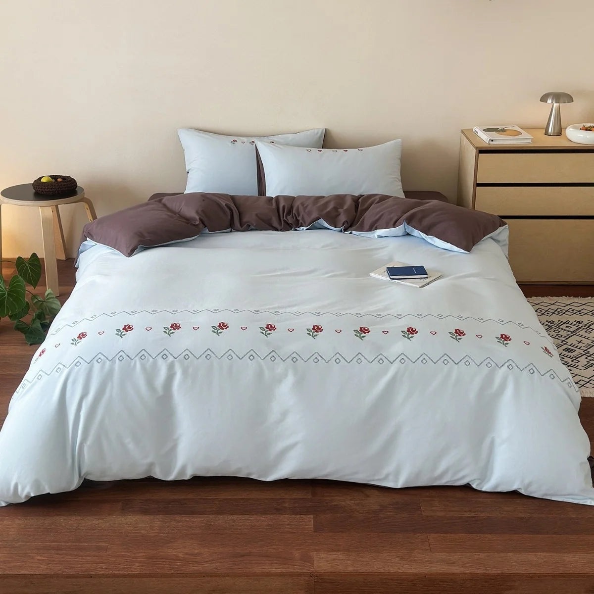 Duvet Cover Set Cotton Percale Reversible Rose Embroidery