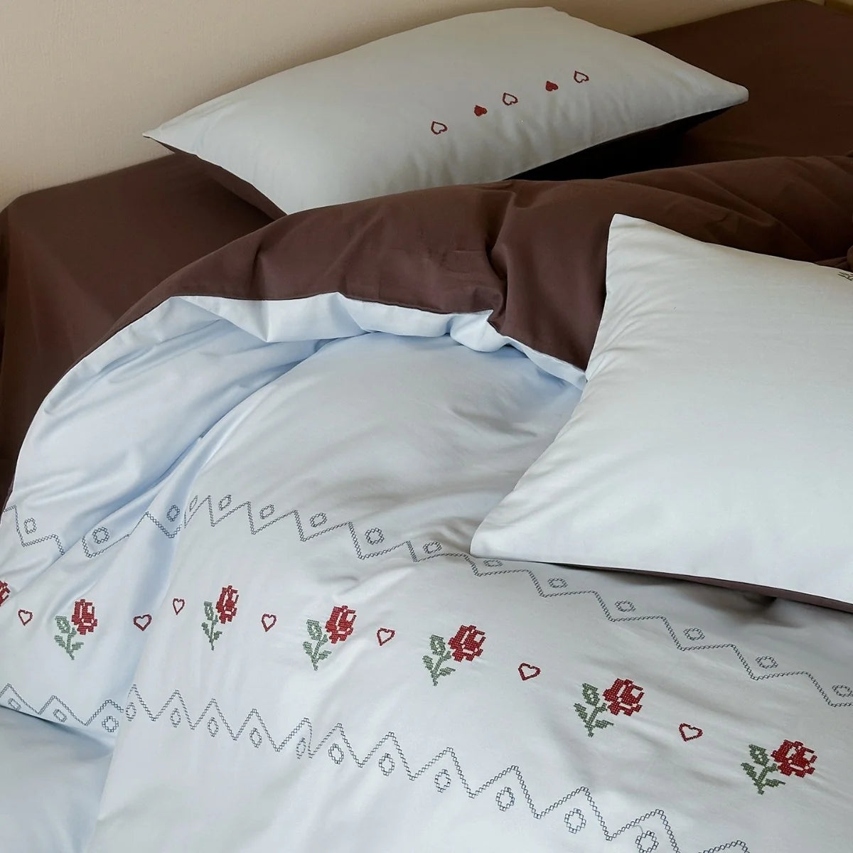 Duvet Cover Set Cotton Percale Reversible Rose Embroidery