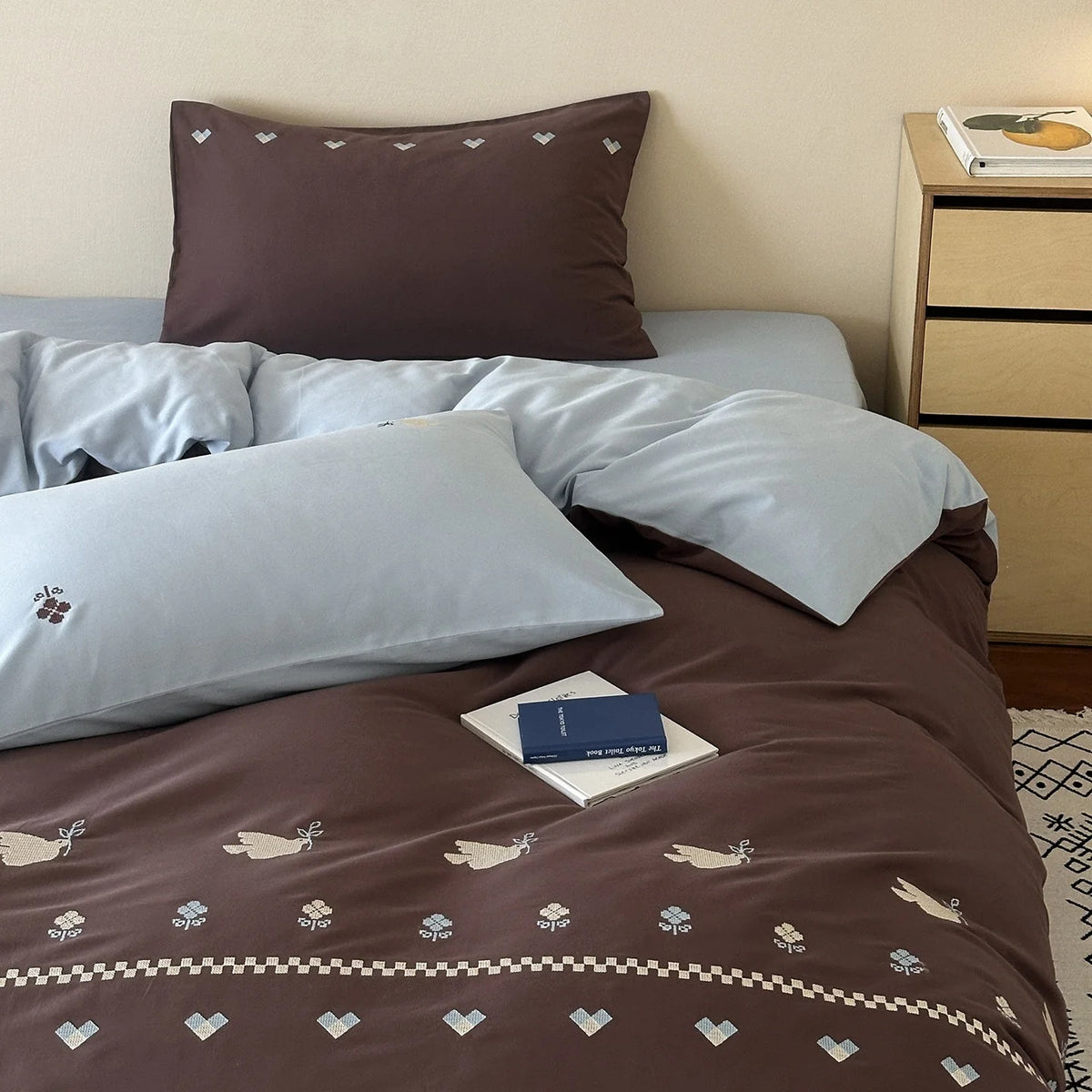 Duvet Cover Set Cotton Percale Reversible Rose Embroidery