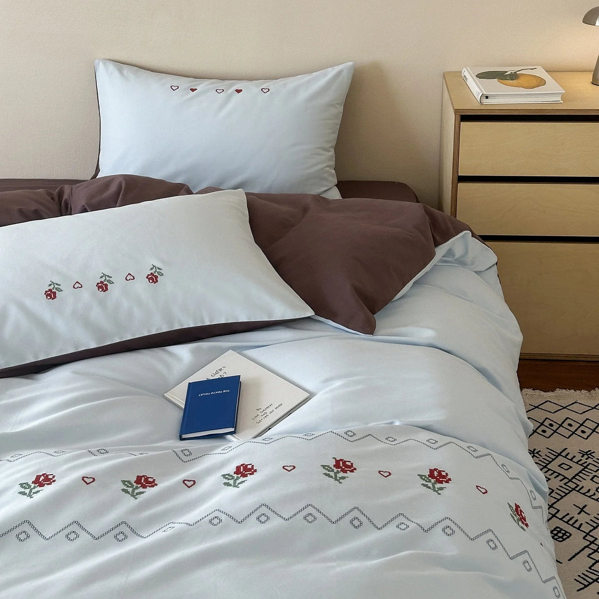 Duvet Cover Set Cotton Percale Reversible Rose Embroidery