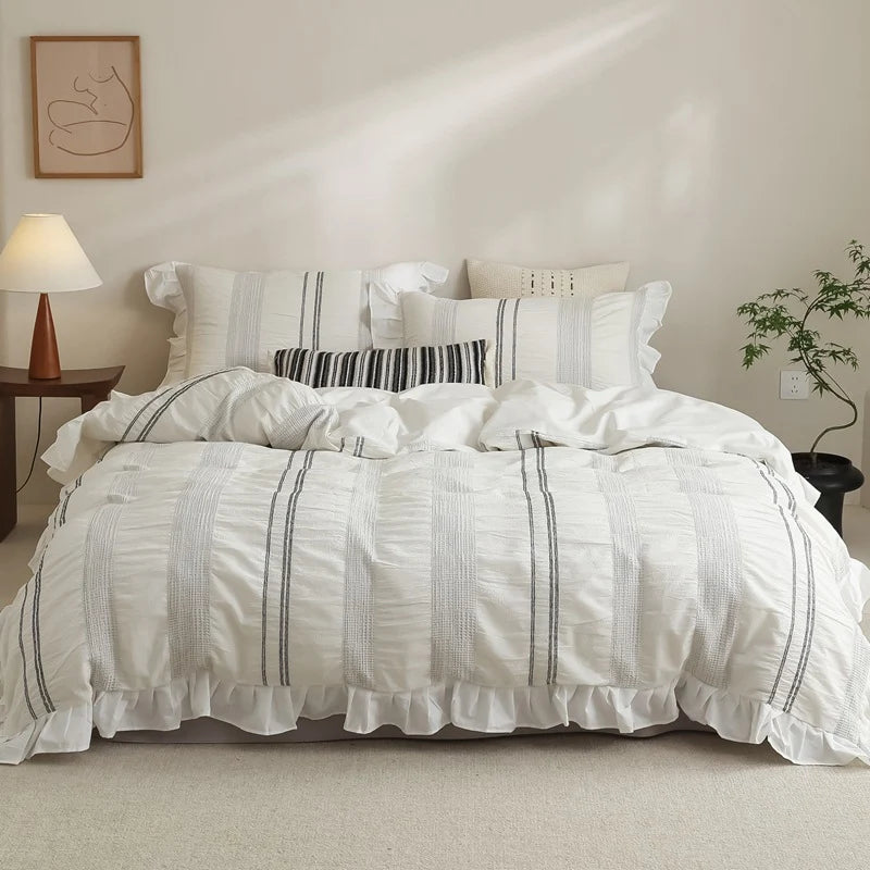 Duvet Cover Set Cotton Quilted Ruffled Hem
