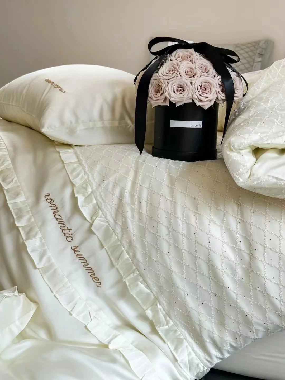 Duvet Cover Set Cotton Satin Breathable Diamond-Quilted