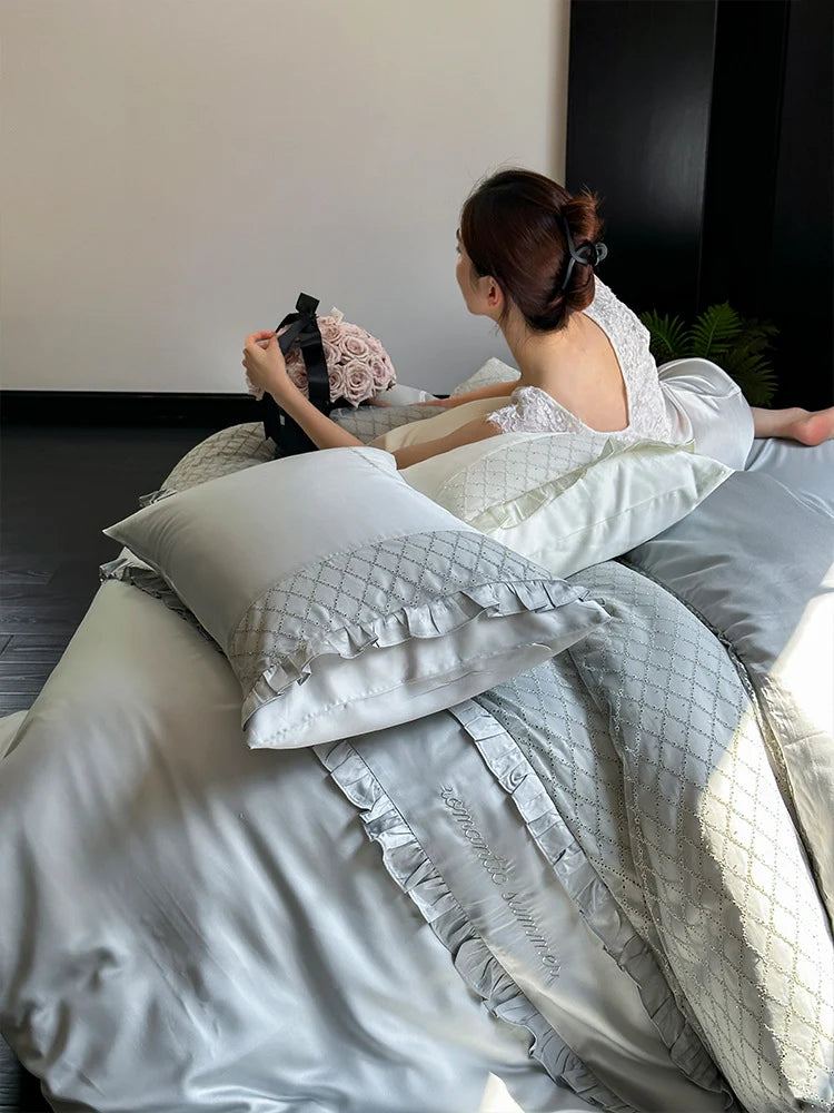 Duvet Cover Set Cotton Satin Breathable Diamond-Quilted