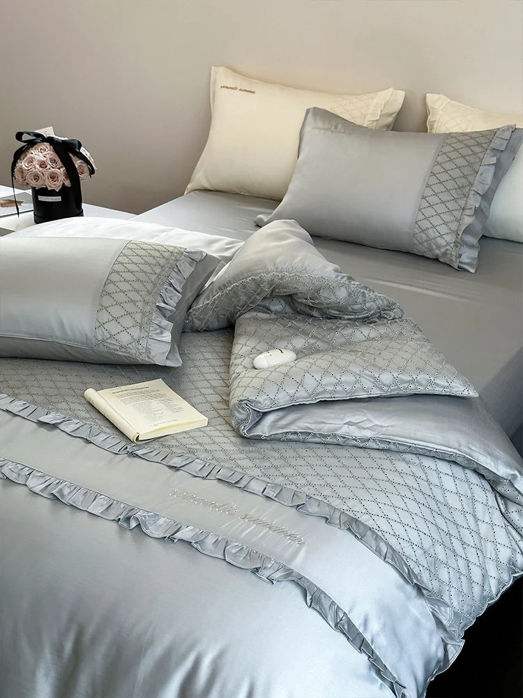 Duvet Cover Set Cotton Satin Breathable Diamond-Quilted