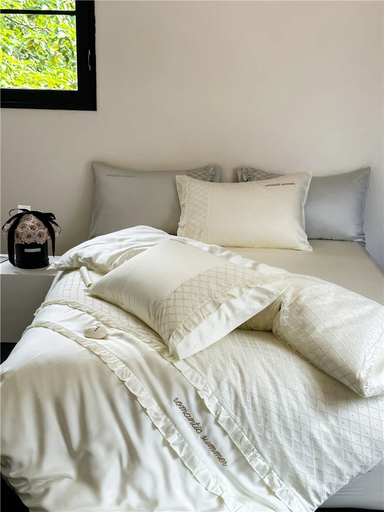Duvet Cover Set Cotton Satin Breathable Diamond-Quilted