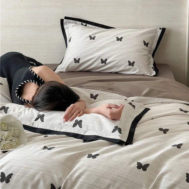 Duvet Cover Set Cotton Satin Butterfly Motif 4-Piece
