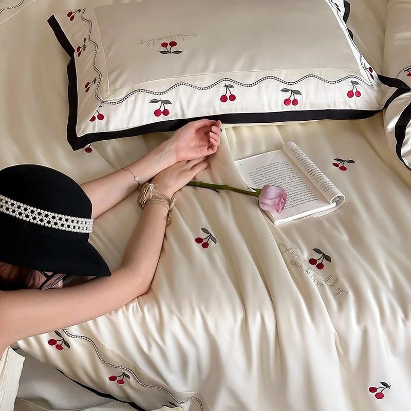 Duvet Cover Set Cotton Satin Cherry Appliqué