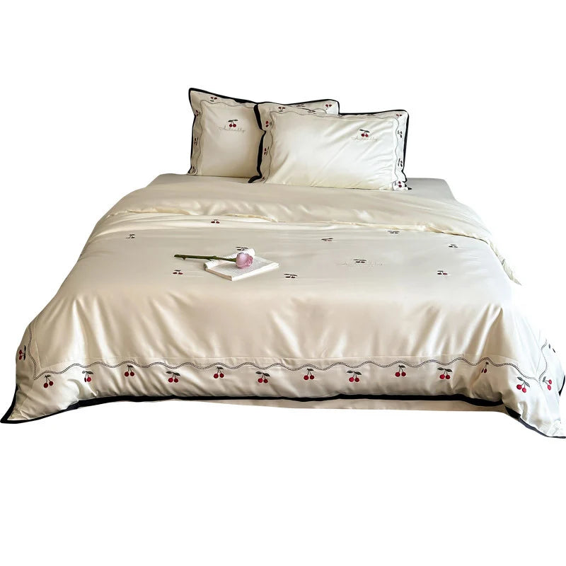 Duvet Cover Set Cotton Satin Cherry Appliqué