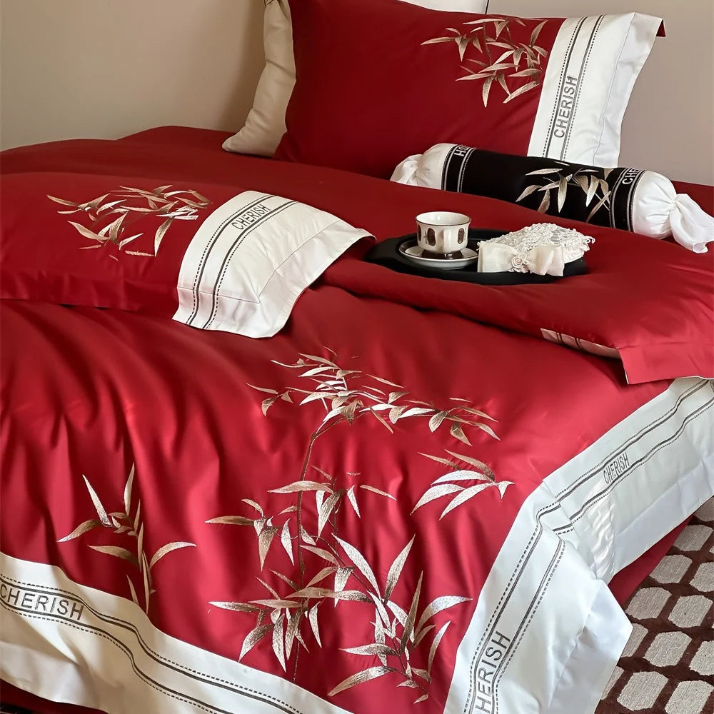 Duvet Cover Set Cotton Satin Embroidered Bamboo Zipper Closure