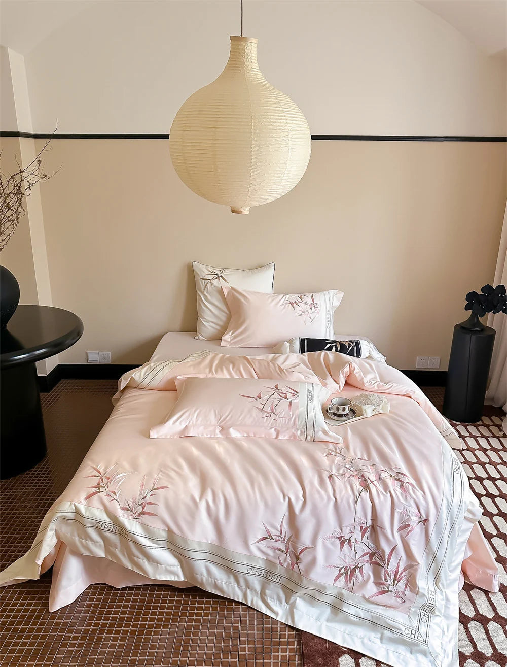 Duvet Cover Set Cotton Satin Embroidered Bamboo Zipper Closure