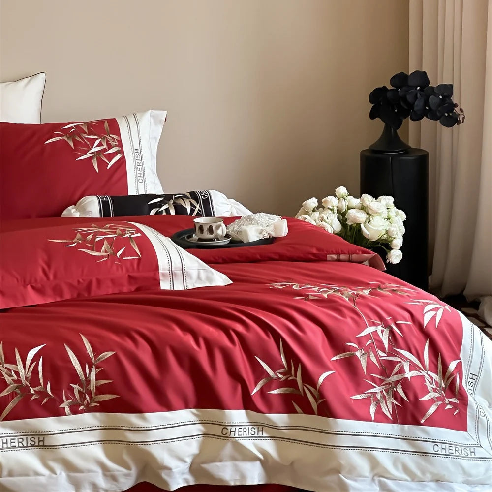 Duvet Cover Set Cotton Satin Embroidered Bamboo Zipper Closure
