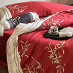 Duvet Cover Set Cotton Satin Embroidered Bamboo Zipper Closure