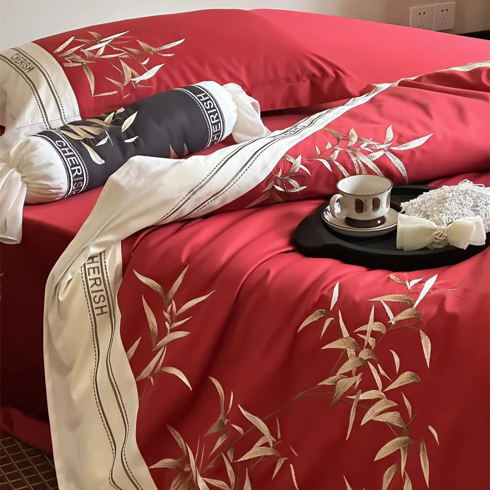 Duvet Cover Set Cotton Satin Embroidered Bamboo Zipper Closure