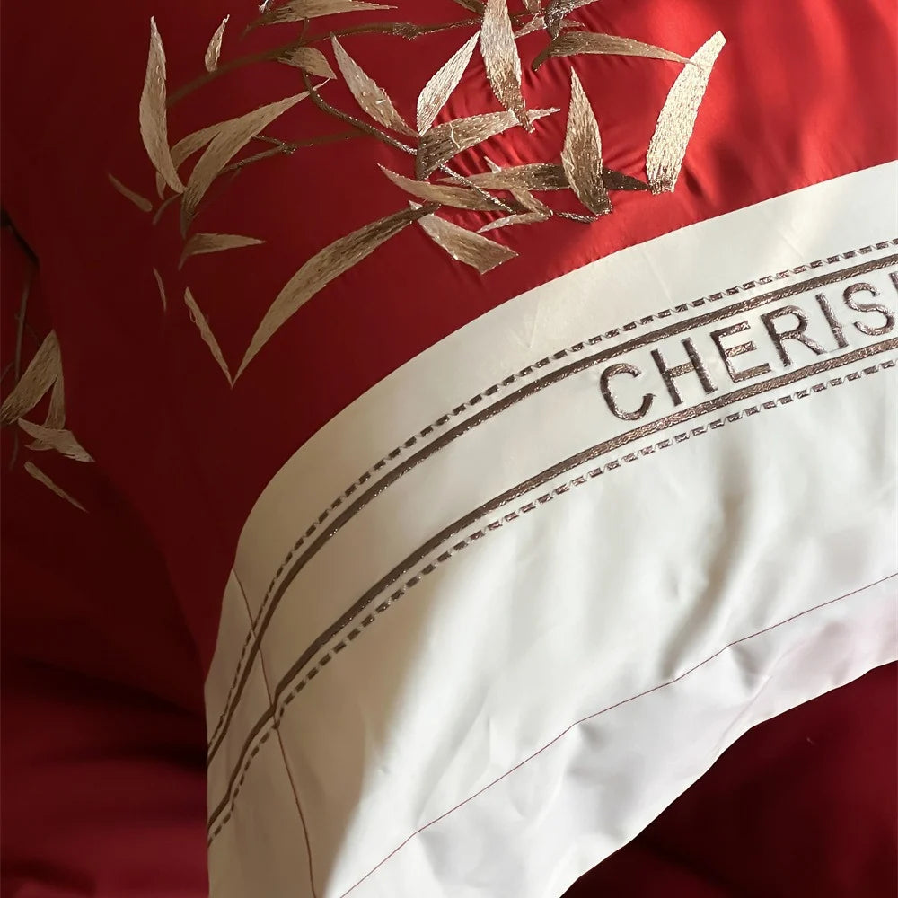 Duvet Cover Set Cotton Satin Embroidered Bamboo Zipper Closure