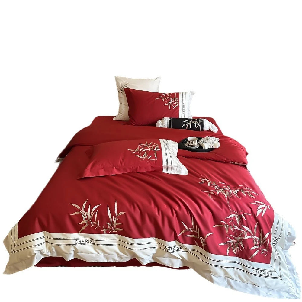 Duvet Cover Set Cotton Satin Embroidered Bamboo Zipper Closure