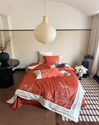 Duvet Cover Set Cotton Satin Embroidered Bamboo Zipper Closure