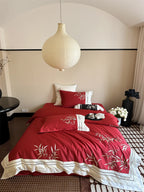 Duvet Cover Set Cotton Satin Embroidered Bamboo Zipper Closure