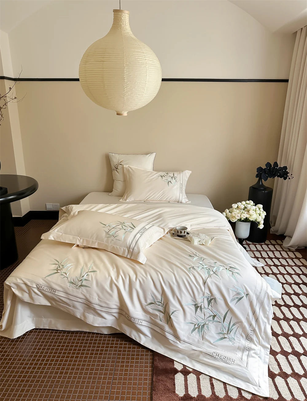 Duvet Cover Set Cotton Satin Embroidered Bamboo Zipper Closure