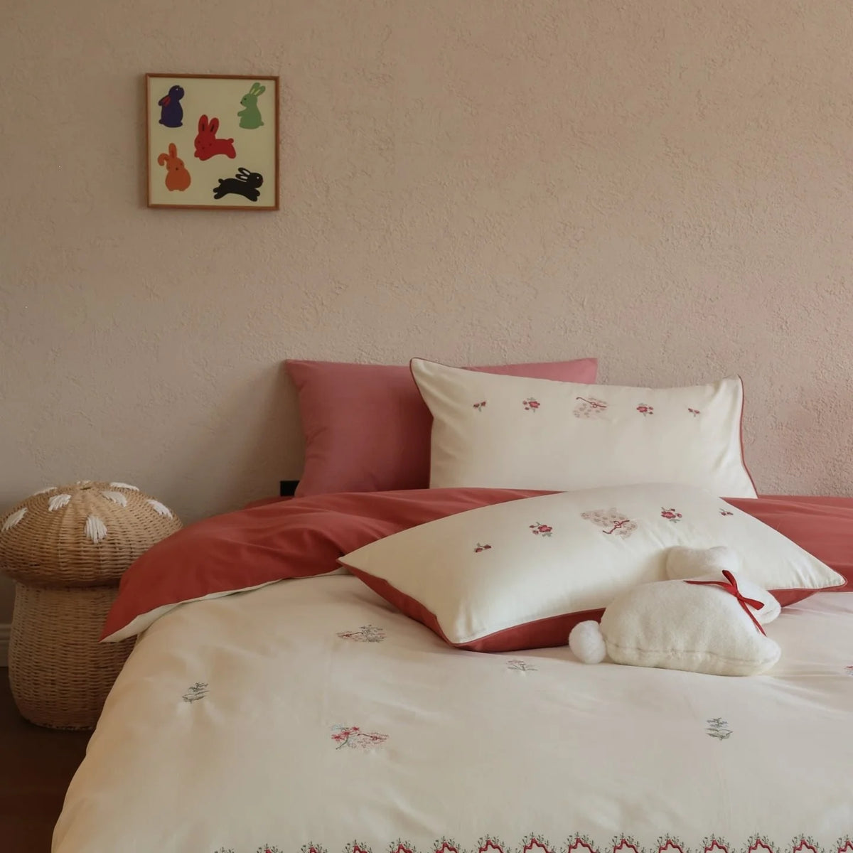 Duvet Cover Set Cotton Satin Embroidered Floral