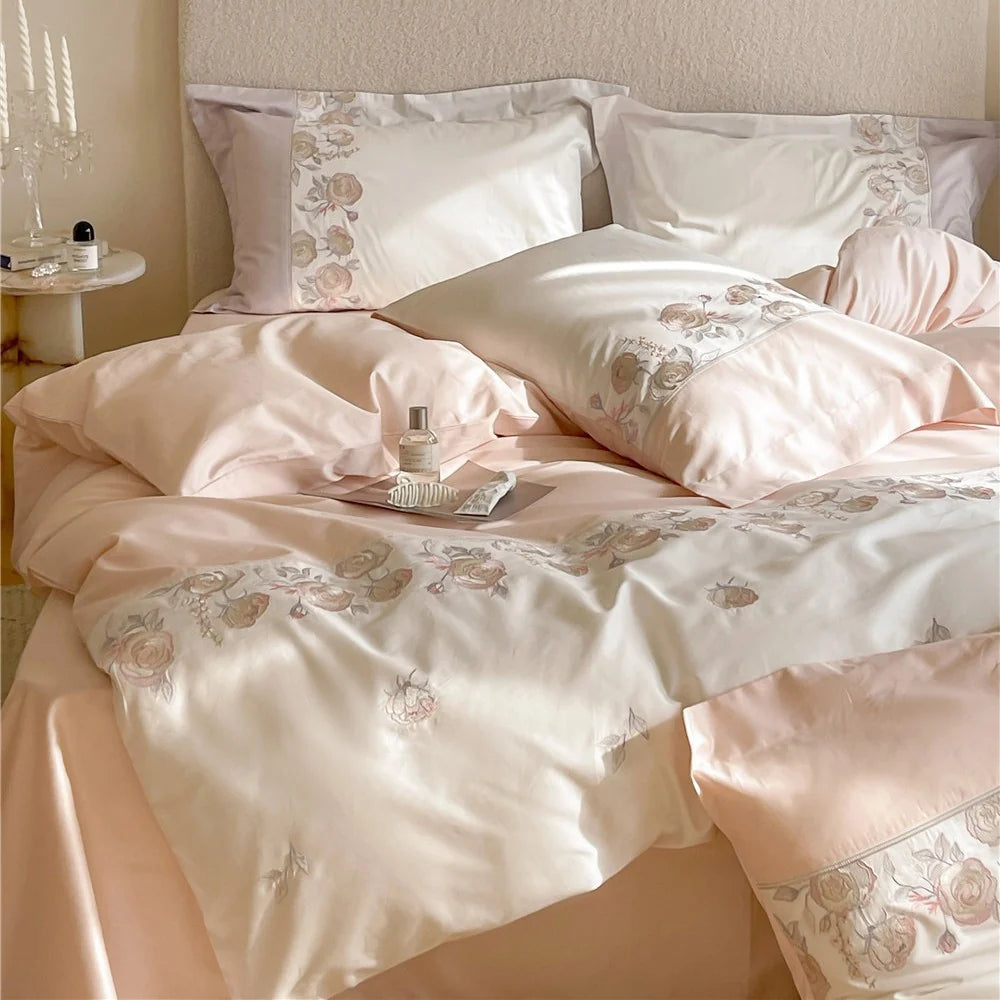Duvet Cover Set Cotton Satin Floral Border