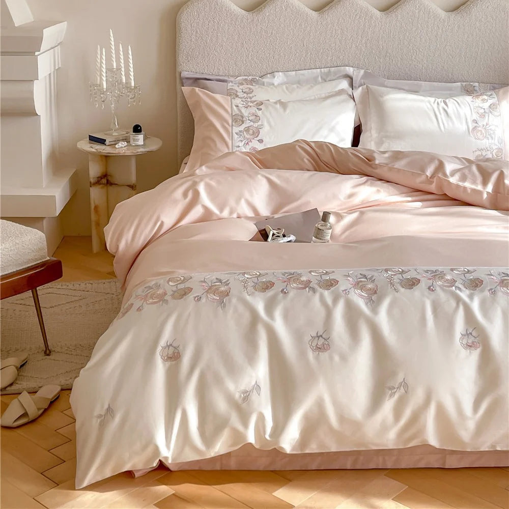 Duvet Cover Set Cotton Satin Floral Border