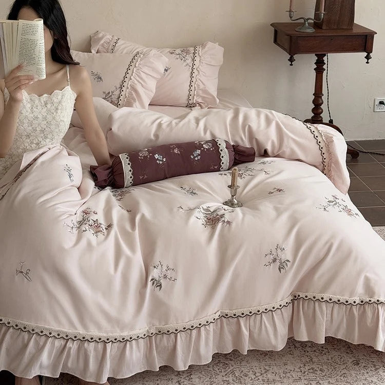 Duvet Cover Set Cotton Satin Floral Embroidery