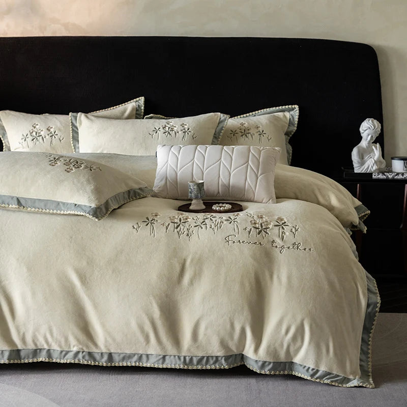 Duvet Cover Set Cotton Satin Floral Embroidery