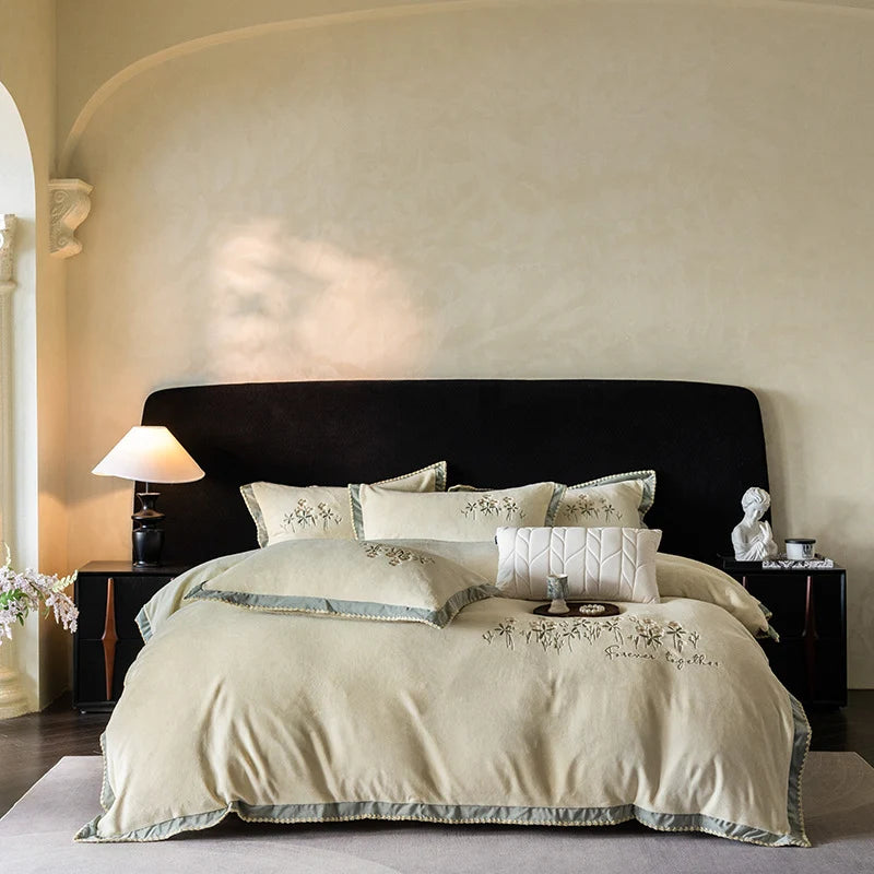 Duvet Cover Set Cotton Satin Floral Embroidery