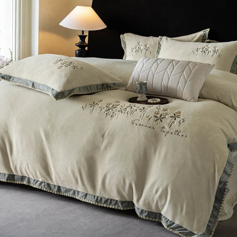 Duvet Cover Set Cotton Satin Floral Embroidery