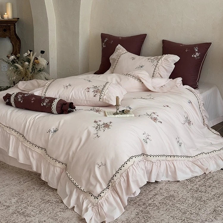 Duvet Cover Set Cotton Satin Floral Embroidery
