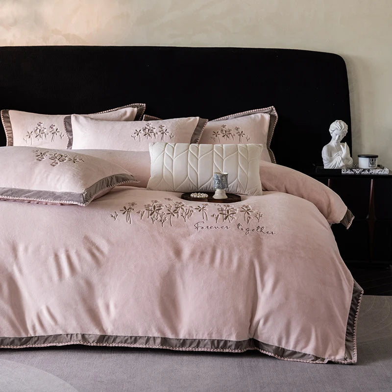 Duvet Cover Set Cotton Satin Floral Embroidery