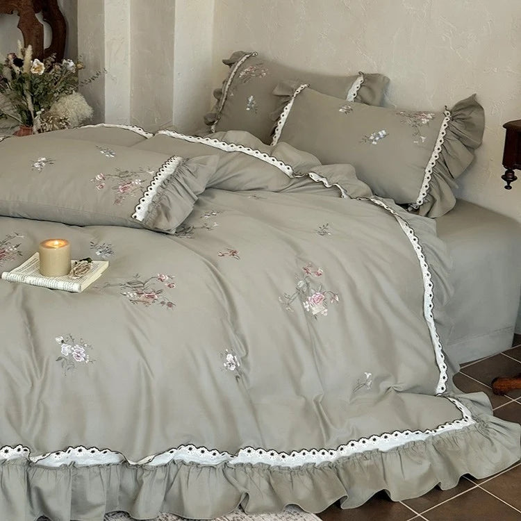 Duvet Cover Set Cotton Satin Floral Embroidery