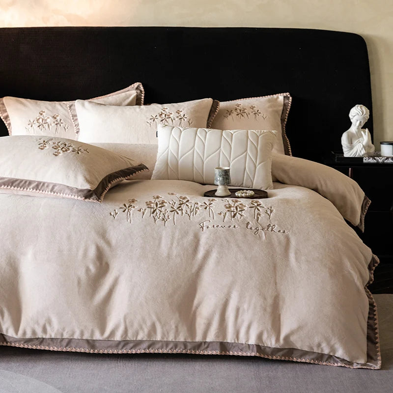 Duvet Cover Set Cotton Satin Floral Embroidery