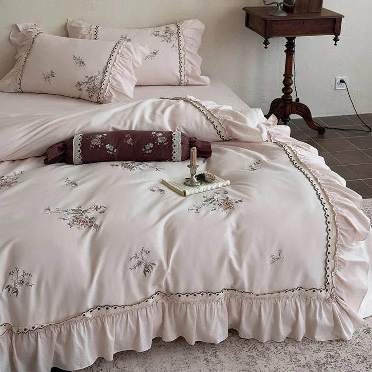 Duvet Cover Set Cotton Satin Floral Embroidery
