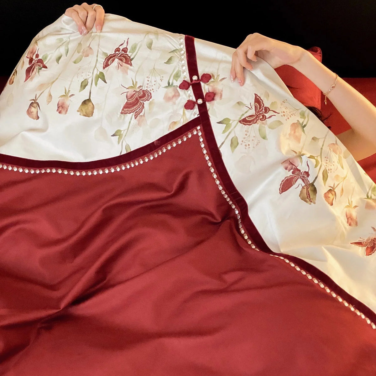 Duvet Cover Set Cotton Satin Floral Embroidery & Lace Trim