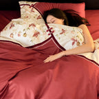 Duvet Cover Set Cotton Satin Floral Embroidery & Lace Trim