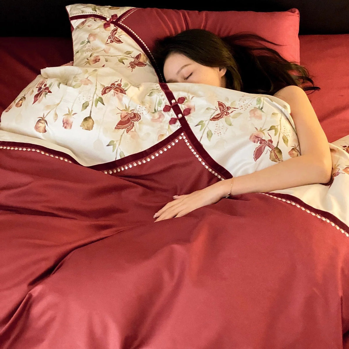 Duvet Cover Set Cotton Satin Floral Embroidery & Lace Trim