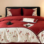 Duvet Cover Set Cotton Satin Floral Embroidery & Lace Trim