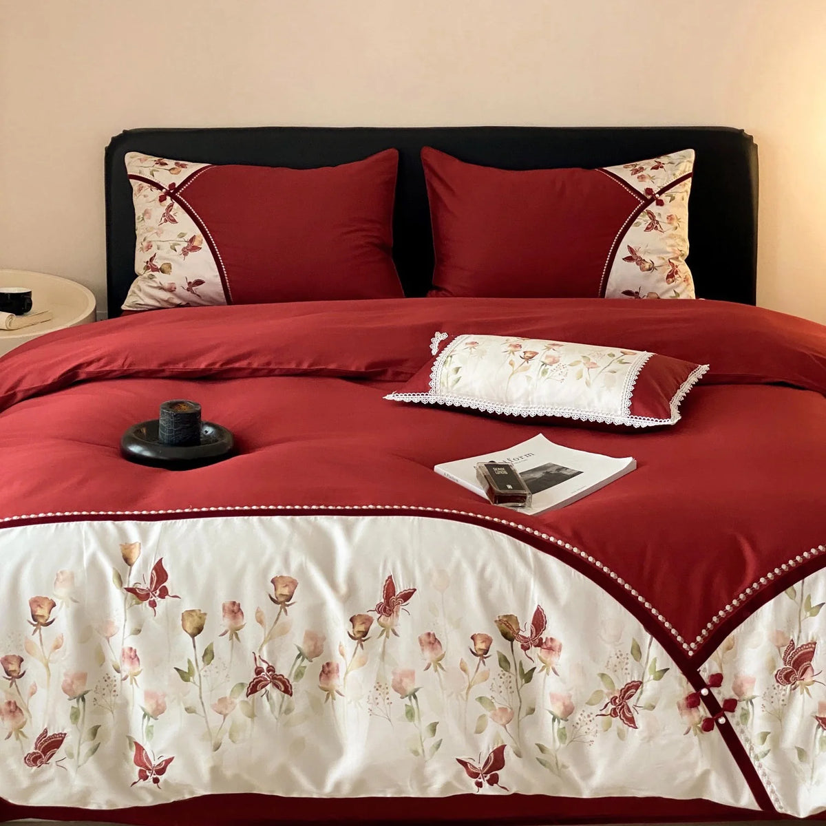 Duvet Cover Set Cotton Satin Floral Embroidery & Lace Trim