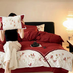 Duvet Cover Set Cotton Satin Floral Embroidery & Lace Trim
