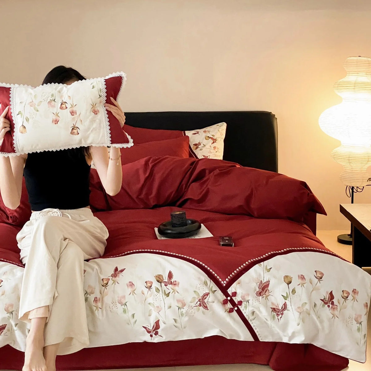 Duvet Cover Set Cotton Satin Floral Embroidery & Lace Trim